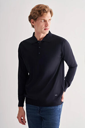 Koyu Lacivert Polo Yaka Cepsiz Comfort Fit Classic Pamuklu Triko Kazak 1012255007