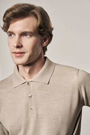 Açık Bej Polo Yaka Cepsiz Comfort Fit Classic Pamuklu Triko Kazak 1012255007