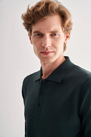 Koyu Yeşil Polo Yaka Cepsiz Comfort Fit Classic Pamuklu Triko Kazak 1012255007