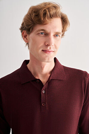 Bordo Polo Yaka Cepsiz Comfort Fit Classic Pamuklu Triko Kazak 1012255007