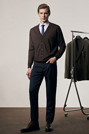 Koyu Kahverengi V Yaka Cepsiz Comfort Fit Classic Pamuklu Triko Hırka 1012255016