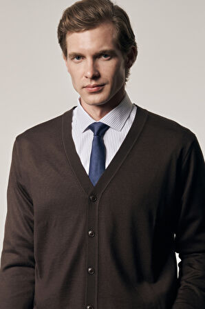 Koyu Kahverengi V Yaka Cepsiz Comfort Fit Classic Pamuklu Triko Hırka 1012255016