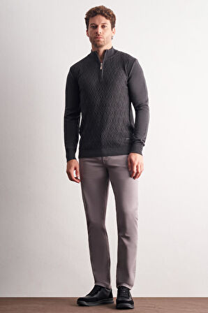 Koyu Antrasit Dik Yaka Uzun Kol Cepsiz Slim Fit Casual Pamuklu Triko Kazak 1012255108