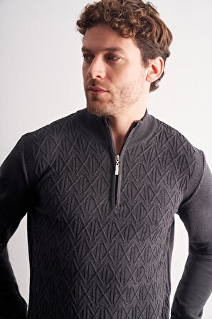 Koyu Antrasit Dik Yaka Uzun Kol Cepsiz Slim Fit Casual Pamuklu Triko Kazak 1012255108