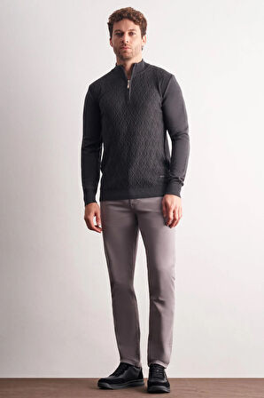 Koyu Antrasit Dik Yaka Uzun Kol Cepsiz Slim Fit Casual Pamuklu Triko Kazak 1012255108