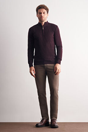 Mürdüm Dik Yaka Uzun Kol Cepsiz Slim Fit Casual Pamuklu Triko Kazak 1012255108