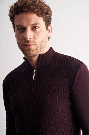 Mürdüm Dik Yaka Uzun Kol Cepsiz Slim Fit Casual Pamuklu Triko Kazak 1012255108