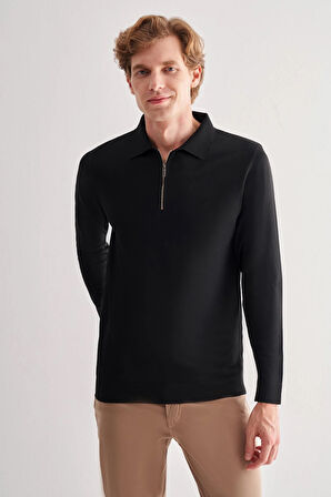 Siyah Uzun Kol Fermuarlı Yaka Cepsiz  Slim Fit  Triko 1012255150