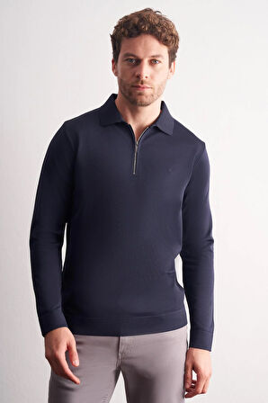 Lacivert Uzun Kol Fermuarlı Yaka Cepsiz  Slim Fit  Triko 1012255150