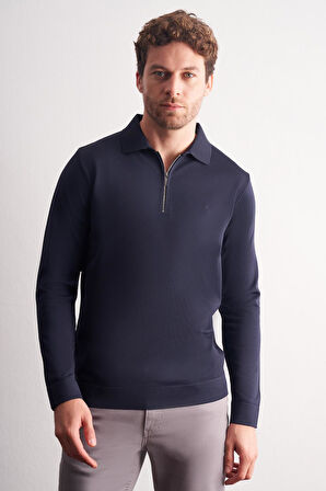 Lacivert Uzun Kol Fermuarlı Yaka Cepsiz  Slim Fit  Triko 1012255150