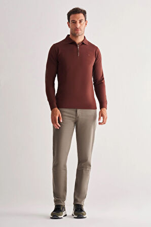 Taba Uzun Kol Fermuarlı Yaka Cepsiz  Slim Fit  Triko 1012255150