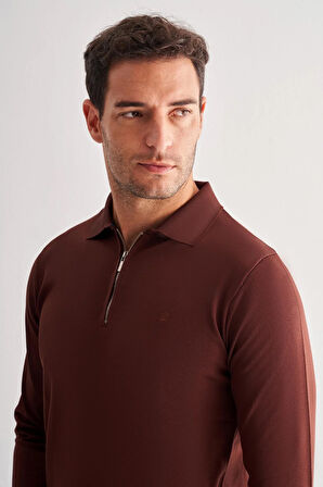 Taba Uzun Kol Fermuarlı Yaka Cepsiz  Slim Fit  Triko 1012255150