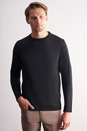 Siyah Bisiklet Yaka Cepsiz Slim Fit Casual Triko Kazak