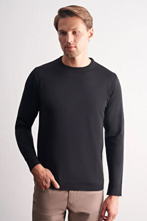 Siyah Bisiklet Yaka Cepsiz Slim Fit Casual Triko Kazak