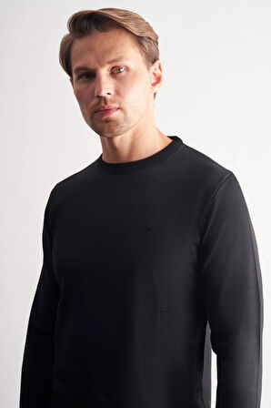 Siyah Bisiklet Yaka Cepsiz Slim Fit Casual Triko Kazak