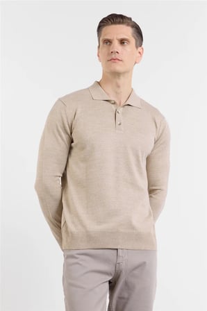 Bej Polo Yaka Cepsiz Comfort Fit Classic Pamuklu Triko Kazak 1012255155