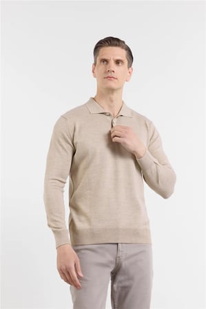 Bej Polo Yaka Cepsiz Comfort Fit Classic Pamuklu Triko Kazak 1012255155