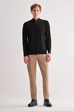 Siyah Fermuarlı Dik Yaka Uzun Kol Cepsiz Comfort Fit Classic Pamuklu Triko Kazak 1012255201