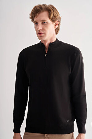 Siyah Fermuarlı Dik Yaka Uzun Kol Cepsiz Comfort Fit Classic Pamuklu Triko Kazak 1012255201