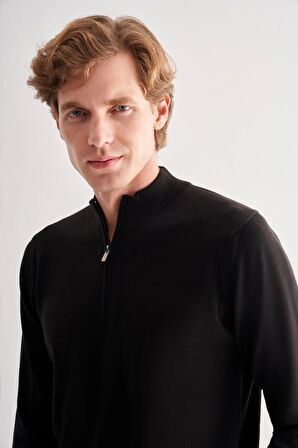 Siyah Fermuarlı Dik Yaka Uzun Kol Cepsiz Comfort Fit Classic Pamuklu Triko Kazak 1012255201