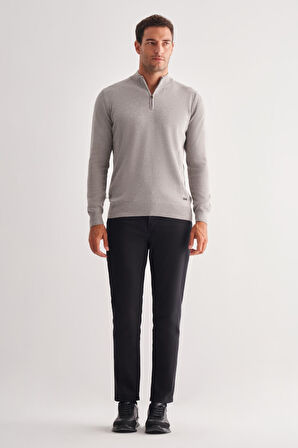 Gri Fermuarlı Dik Yaka Uzun Kol Cepsiz Comfort Fit Classic Pamuklu Triko Kazak 1012255201