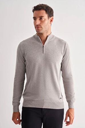 Gri Fermuarlı Dik Yaka Uzun Kol Cepsiz Comfort Fit Classic Pamuklu Triko Kazak 1012255201