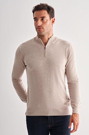 Açık Bej Fermuarlı Dik Yaka Uzun Kol Cepsiz Comfort Fit Classic Pamuklu Triko Kazak 1012255201