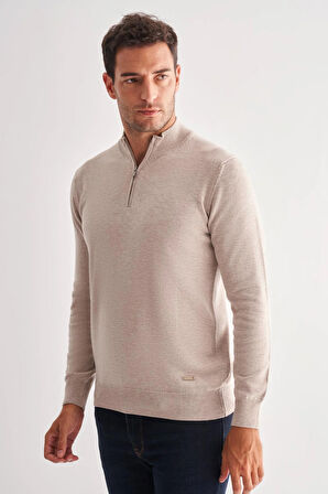 Açık Bej Fermuarlı Dik Yaka Uzun Kol Cepsiz Comfort Fit Classic Pamuklu Triko Kazak 1012255201