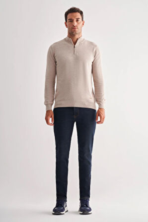 Açık Bej Fermuarlı Dik Yaka Uzun Kol Cepsiz Comfort Fit Classic Pamuklu Triko Kazak 1012255201