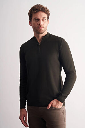 Koyu Haki Fermuarlı Dik Yaka Uzun Kol Cepsiz Comfort Fit Classic Pamuklu Triko Kazak 1012255201