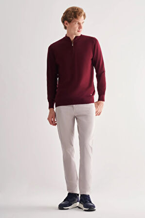 Bordo Fermuarlı Dik Yaka Uzun Kol Cepsiz Comfort Fit Classic Pamuklu Triko Kazak 1012255201
