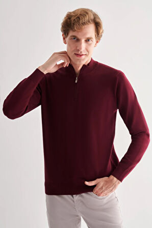 Bordo Fermuarlı Dik Yaka Uzun Kol Cepsiz Comfort Fit Classic Pamuklu Triko Kazak 1012255201