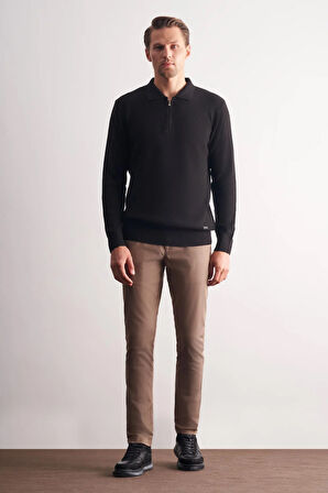 Siyah Fermuarlı Polo Yaka Uzun Kol Cepsiz Comfort Fit Casual Pamuklu Triko Kazak 1012255202