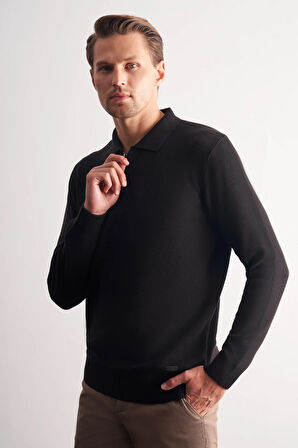 Siyah Fermuarlı Polo Yaka Uzun Kol Cepsiz Comfort Fit Casual Pamuklu Triko Kazak 1012255202