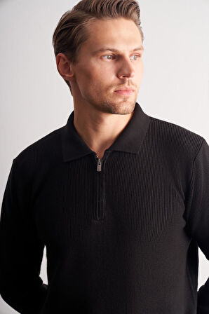 Siyah Fermuarlı Polo Yaka Uzun Kol Cepsiz Comfort Fit Casual Pamuklu Triko Kazak 1012255202