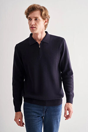 Koyu Lacivert Fermuarlı Polo Yaka Uzun Kol Cepsiz Comfort Fit Casual Pamuklu Triko Kazak 1012255202