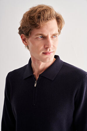 Koyu Lacivert Fermuarlı Polo Yaka Uzun Kol Cepsiz Comfort Fit Casual Pamuklu Triko Kazak 1012255202