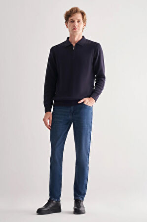 Koyu Lacivert Fermuarlı Polo Yaka Uzun Kol Cepsiz Comfort Fit Casual Pamuklu Triko Kazak 1012255202