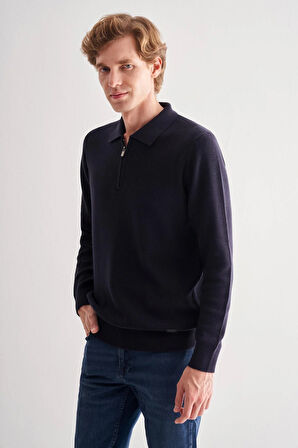 Koyu Lacivert Fermuarlı Polo Yaka Uzun Kol Cepsiz Comfort Fit Casual Pamuklu Triko Kazak 1012255202
