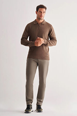 Kahverengi Fermuarlı Polo Yaka Uzun Kol Cepsiz Comfort Fit Casual Pamuklu Triko Kazak 1012255202