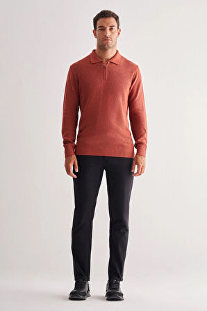 Kiremit Fermuarlı Polo Yaka Uzun Kol Cepsiz Comfort Fit Casual Pamuklu Triko Kazak 1012255202