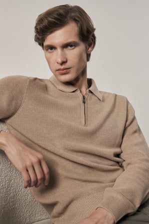 Koyu Bej Fermuarlı Polo Yaka Uzun Kol Cepsiz Comfort Fit Casual Pamuklu Triko Kazak 1012255202