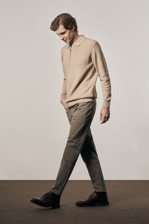 Koyu Bej Fermuarlı Polo Yaka Uzun Kol Cepsiz Comfort Fit Casual Pamuklu Triko Kazak 1012255202