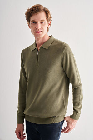 Açık Yeşil Fermuarlı Polo Yaka Uzun Kol Cepsiz Comfort Fit Casual Pamuklu Triko Kazak 1012255202