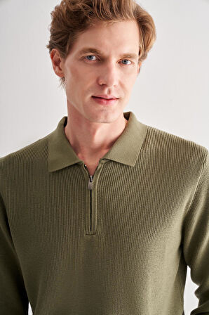 Açık Yeşil Fermuarlı Polo Yaka Uzun Kol Cepsiz Comfort Fit Casual Pamuklu Triko Kazak 1012255202