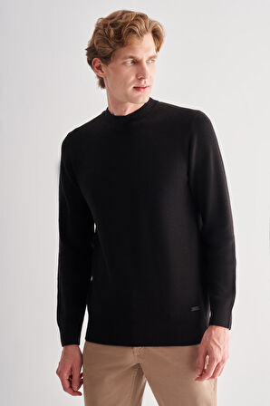 Siyah Yarım Balıkçı Yaka Uzun Kol Cepsiz Comfort Fit Casual Pamuklu Triko Kazak 1012255203