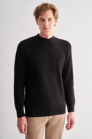 Siyah Yarım Balıkçı Yaka Uzun Kol Cepsiz Comfort Fit Casual Pamuklu Triko Kazak 1012255203