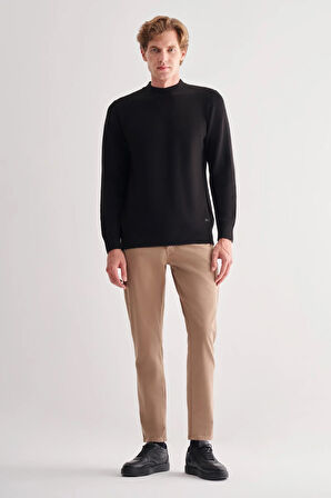 Siyah Yarım Balıkçı Yaka Uzun Kol Cepsiz Comfort Fit Casual Pamuklu Triko Kazak 1012255203