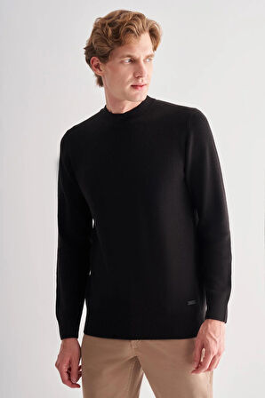 Siyah Yarım Balıkçı Yaka Uzun Kol Cepsiz Comfort Fit Casual Pamuklu Triko Kazak 1012255203