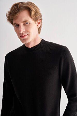 Siyah Yarım Balıkçı Yaka Uzun Kol Cepsiz Comfort Fit Casual Pamuklu Triko Kazak 1012255203